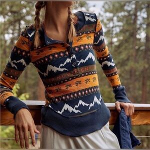 Free People Navy and Orange Mountain Print Long Sleeve Top